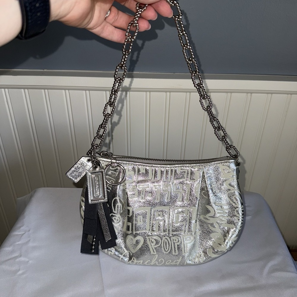 Coach Ltd Ed Poppy Silver Etched Storypatch Small Chain Strap Shoulder Bag Purse